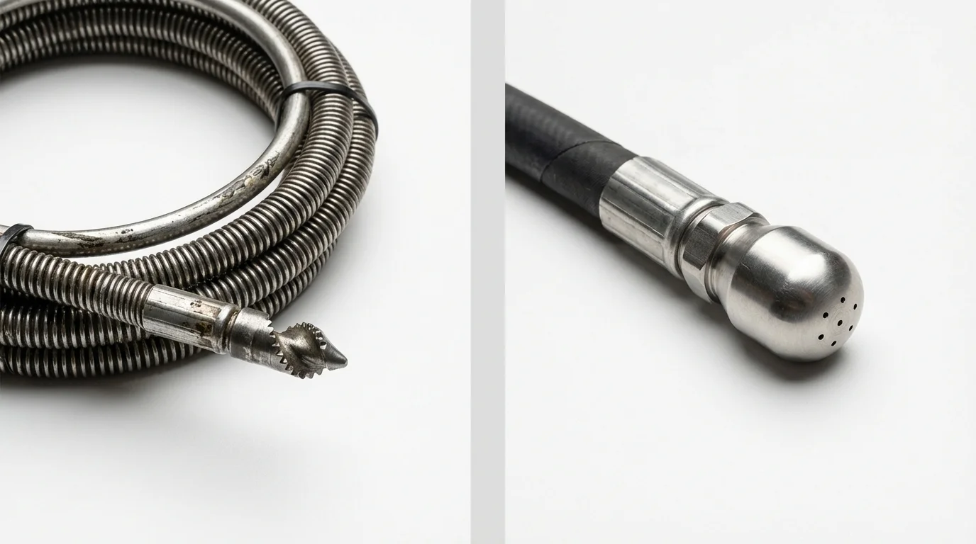 Drain snake cable and hydro jetting nozzle used for drain cleaning in New Castle, VA