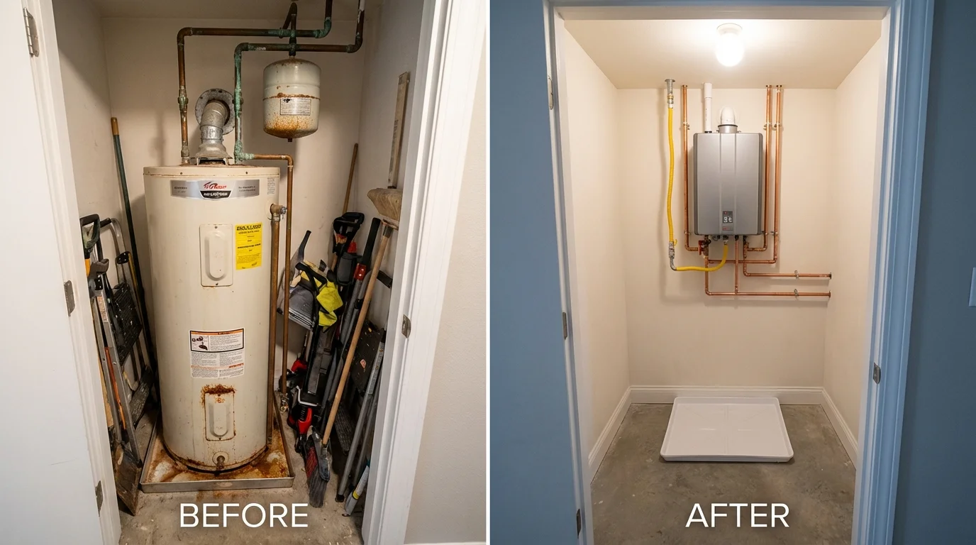 Tank water heater versus wall-mounted tankless unit comparison for New Castle, VA homeowners