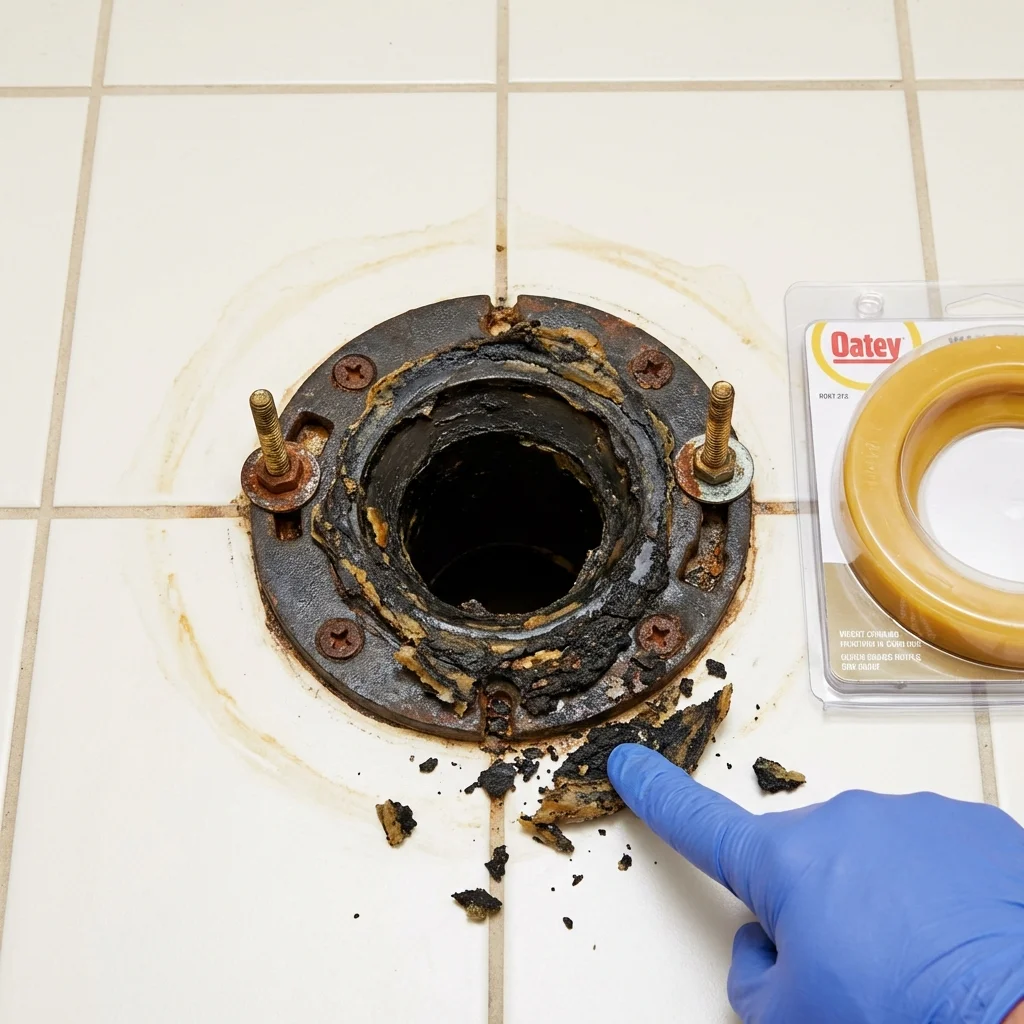 Failed wax ring showing water seepage at the base of a toilet in a New Castle, VA home