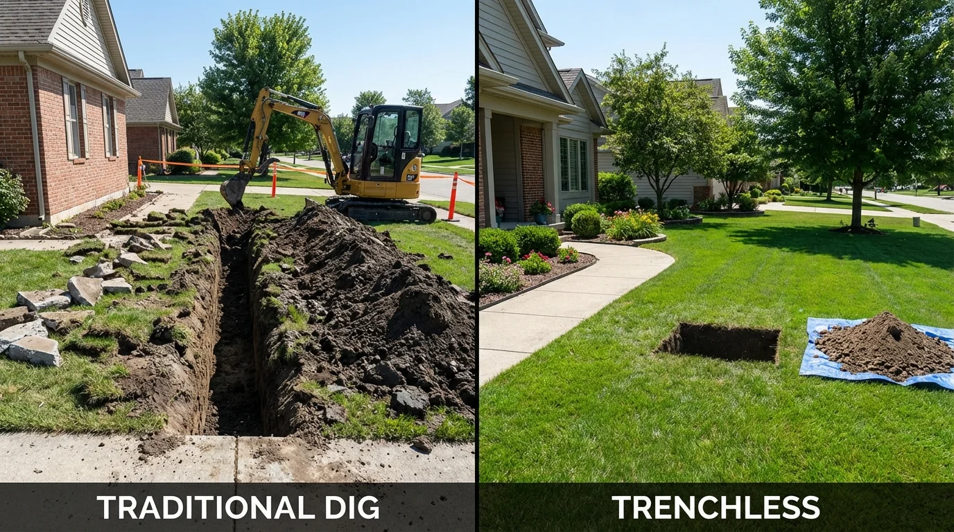 Trenchless sewer repair with minimal yard damage versus traditional excavation in New Castle, VA