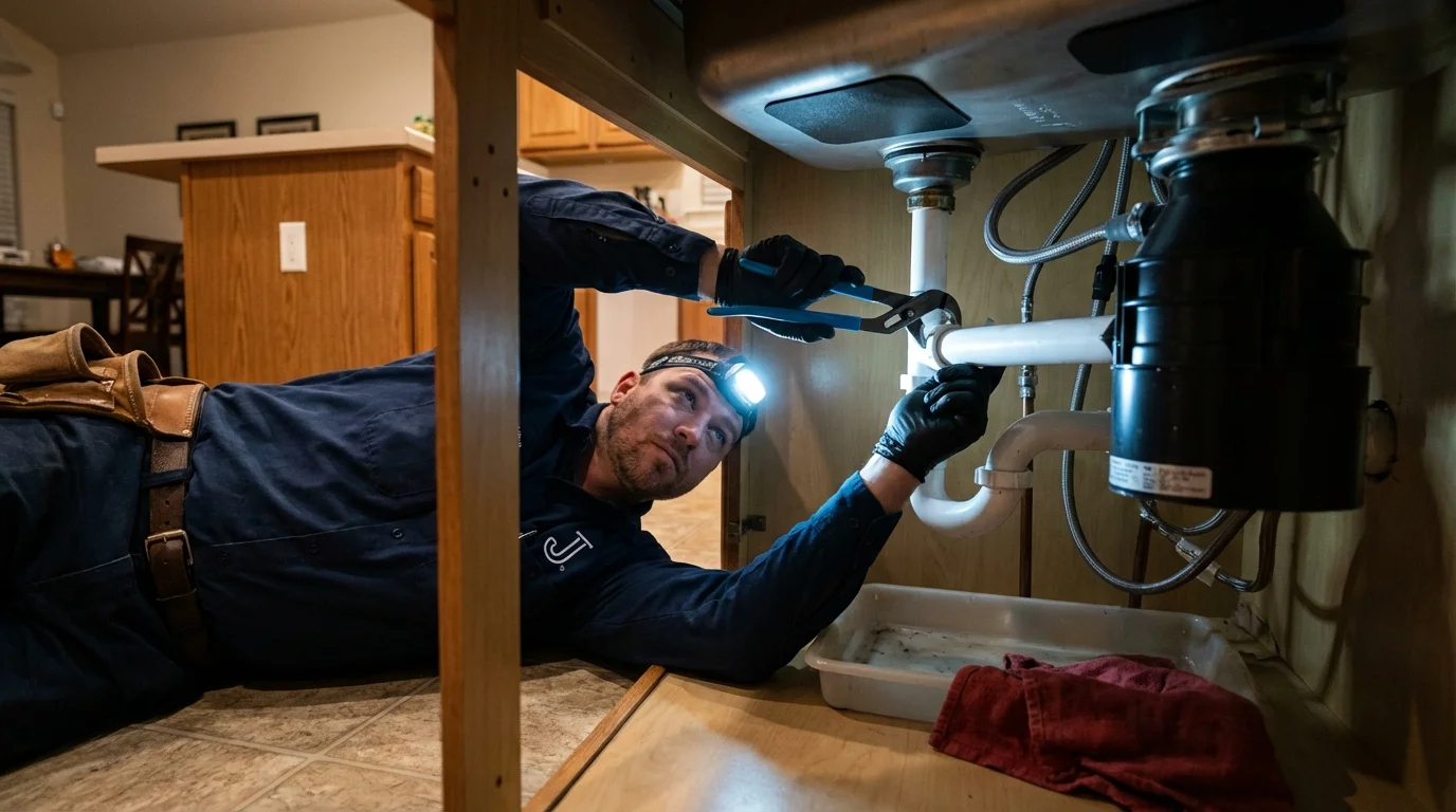 P-trap and supply line connections under a kitchen sink showing a common leak point in New Castle, VA